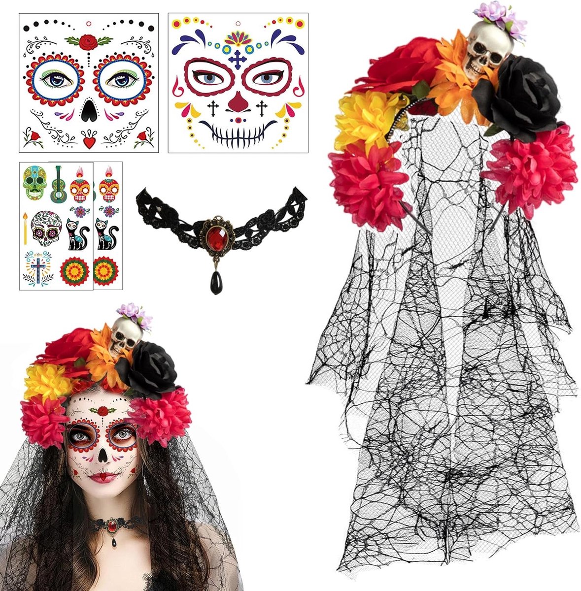Dia De Los Muertos Haarband met Sluiertje, Halloween Hoofdband voor Cosplay en Feest, Inclusief Choker en Tatoeages voor Mardigras en Dag van de Doden