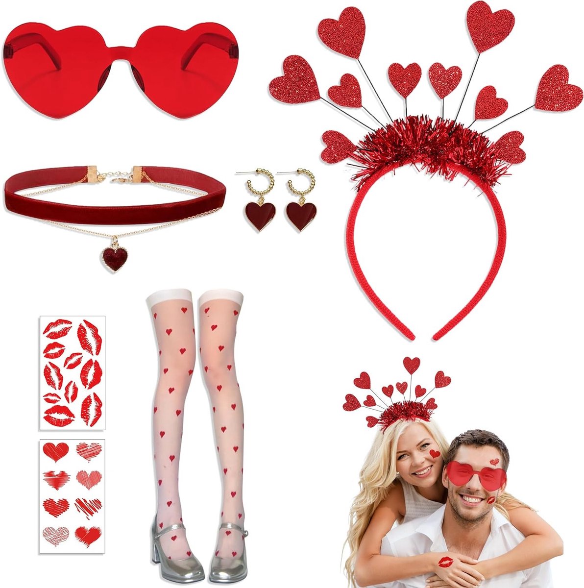 Dames Cupido Kostuum met 7 Accessoires, Rood Hart Haarband, Hartvormige Zonnebril, Sokken, Ketting en Oorbellen voor Valentijnsdag en Feestelijke Carnavalsvieringen