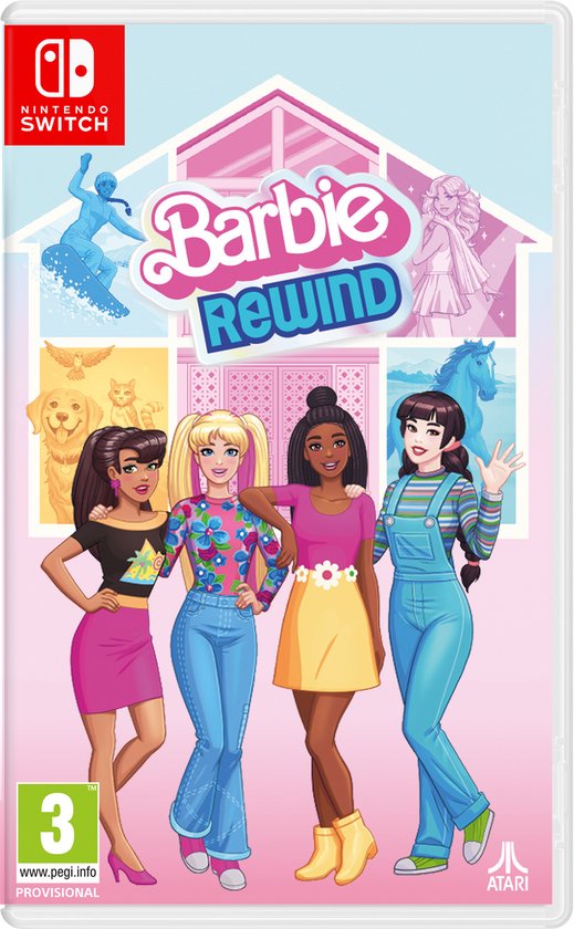 De 'Barbie Rewind Collection' Nintendo Switch-hoes met vier Barbie-personages.