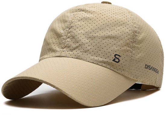 Beige baseballpet met perforaties en een 'S' logo