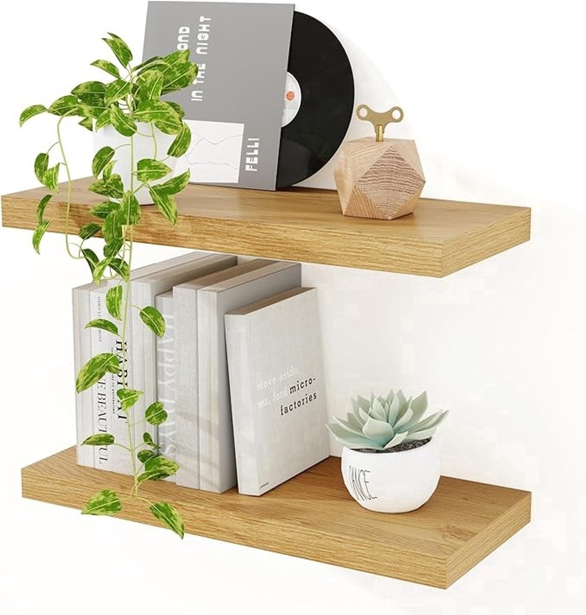 Set van 2 zwevende wandplanken - Diepe opbergplanken met verborgen beugel - Eiken look