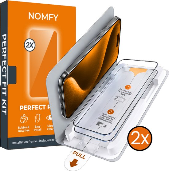 Kit Nomfy Perfect Fit avec 2 protecteurs d'écran et plateau d'installation. "Sans bulles ni poussière, Installation facile, Ultra clair."