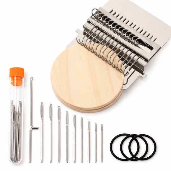 Knit Patch Kit voor Beginners - Draagbare Darning Loom met 21 Haken - Mini Stopraam en Weeftool voor Kleding - Snelle Patchwork Reparatieset voor Sokken, Jeans en Truien - Hout-Naalden in tonvorm + 3 zwarte leren bandjes