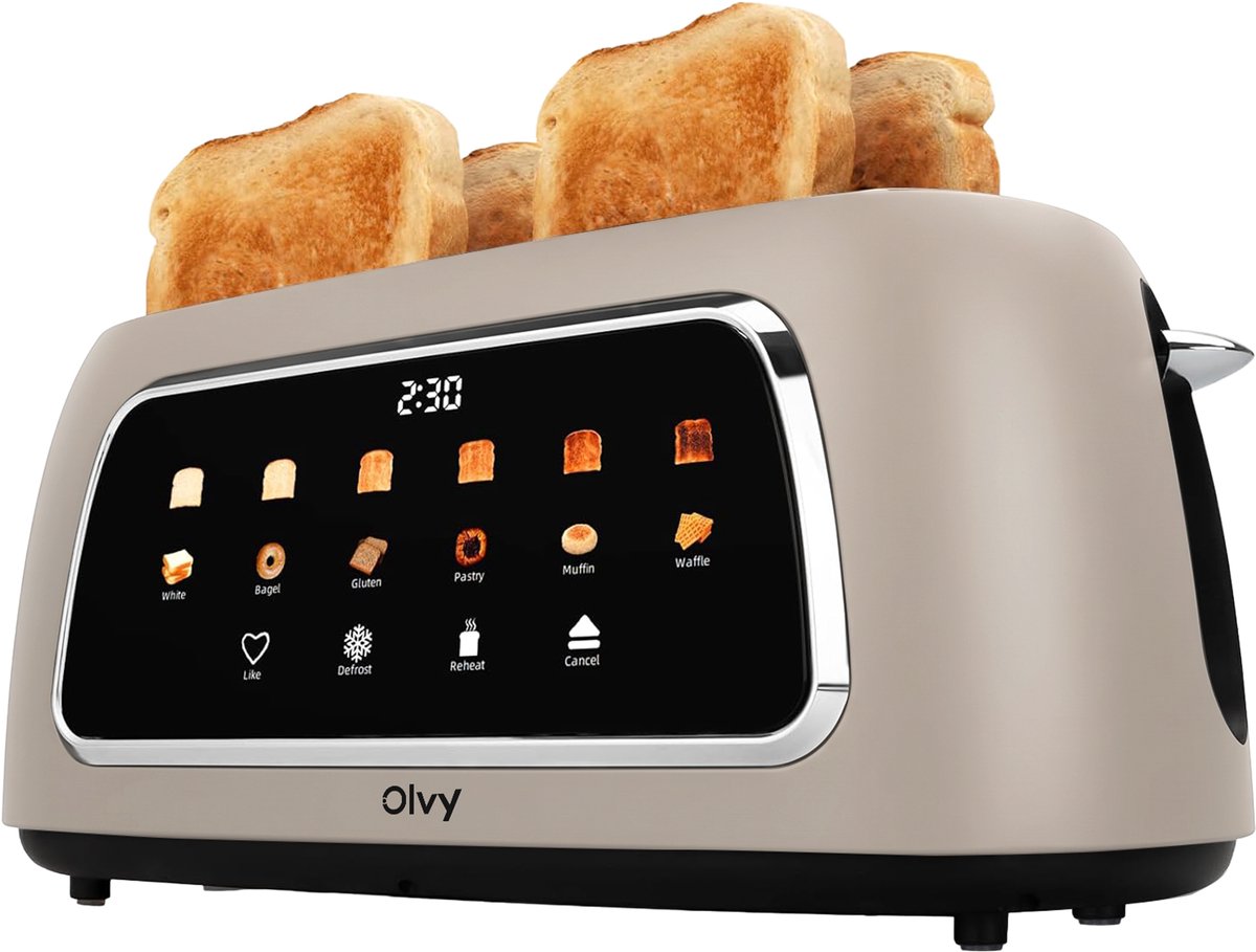 Olvy Broodrooster XL - Lange Sleuven - Timerfunctie - LCD Display - Kruimellade - Toaster - 1500W - Ontdooien & Opwarmen - Beige