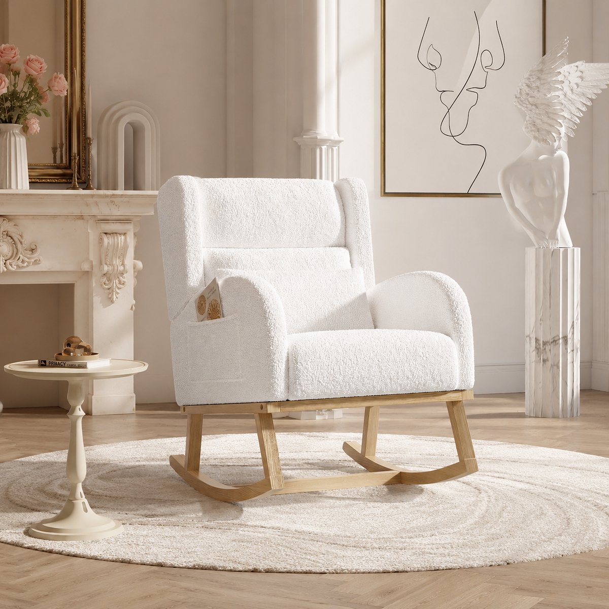 Schommelstoel - Met kussen en Zijzakken- Relaxstoel - Fauteuil - met armleuningen en Gevoerde rugleuning - Voedingsstoel - Schommelstoelen babykamer - Teddy - Wit