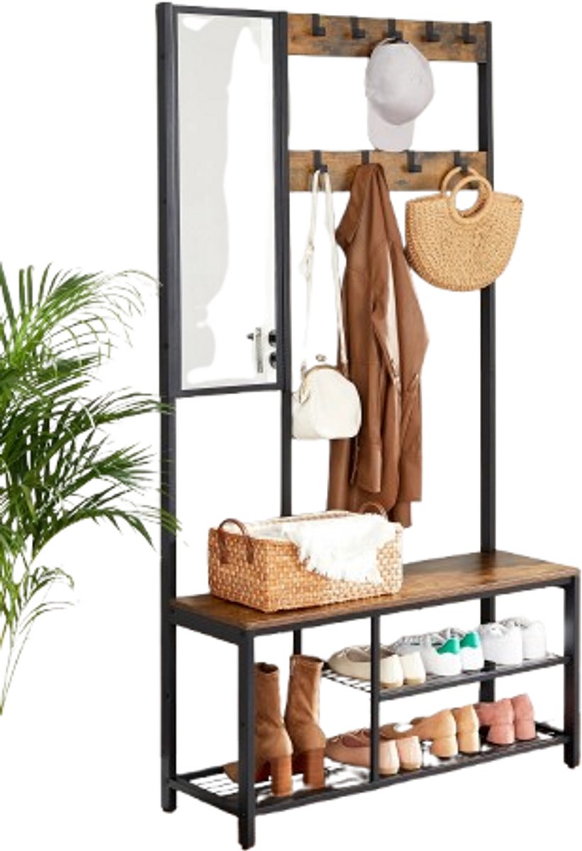 Velori Kapstok met Spiegel - Garderoberek met Schoenenrek en Zitbank - Halmeubel - Kledingrek met 9 Haken - Industrieel Design - Zwart 98 x 36 x 185 cm – foto 5
