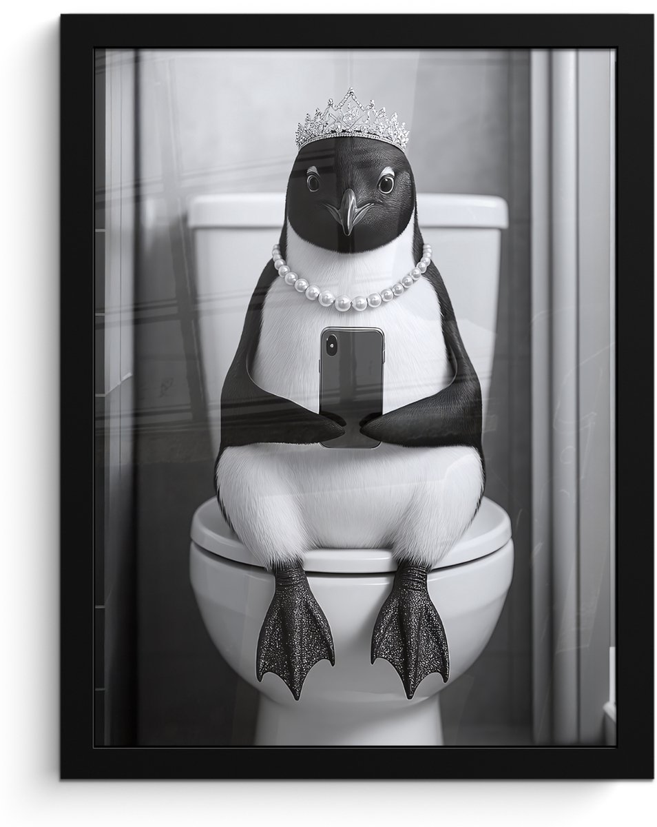 Poster in lijst - Fotolijst 30x40 cm - Posters - Pinguïn - Telefoon - Toilet - Zwart - Wit