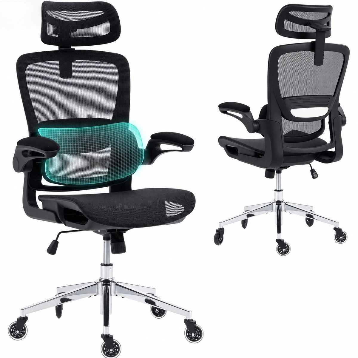 Ergonomische Bureaustoel - Office Chair - met 3D-hoofdsteu - Verstelbare armleuningen - Lendensteun -Zwart