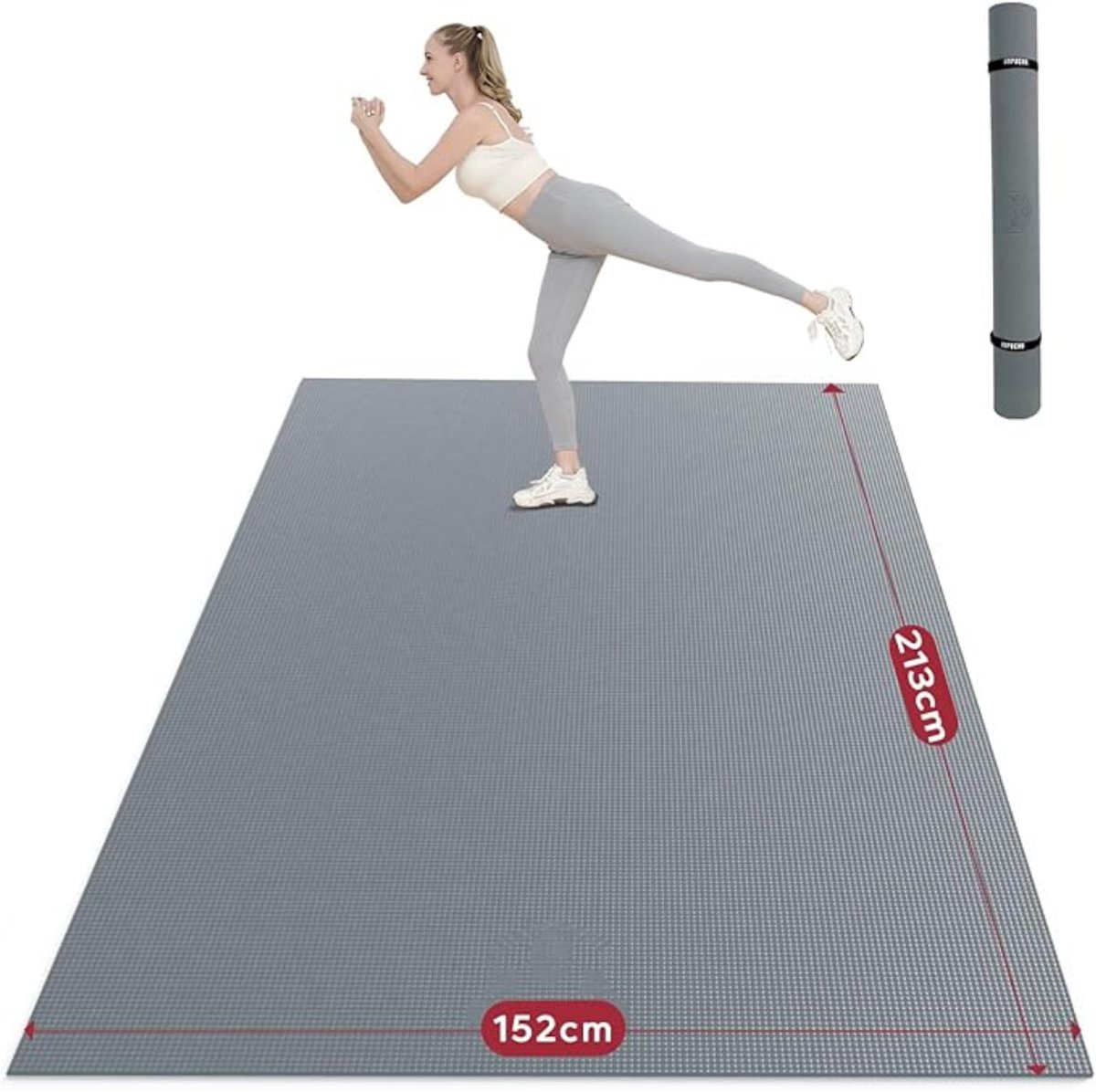 Gymnastics Mat - XXL-Fitnessmat – Extra Grote Yoga- en Fitnessmat – Antislip - PVC met Hoge Dichtheid - 0,8 cm Dik – Inclusief Fitnessbanden – 213 x 152 cm – Grijs