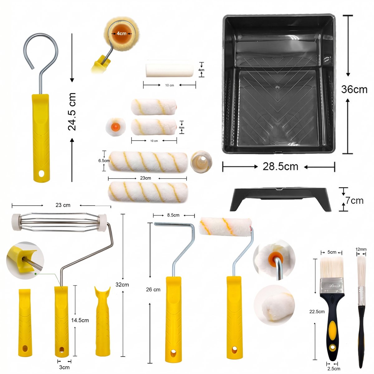 Verf Roller Set 9 inch & 4 inch - Schilder Roller Kit met Verfbak - Verfroller Set voor Muurverf en Latex - Inclusief Rollerhouders, Rollen, Kwasten en Reinigingsgereedschap – foto 5