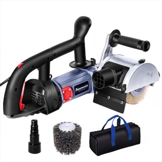 Schuurmachine met accessoires: adapter, nylon borstel en draagtas.
