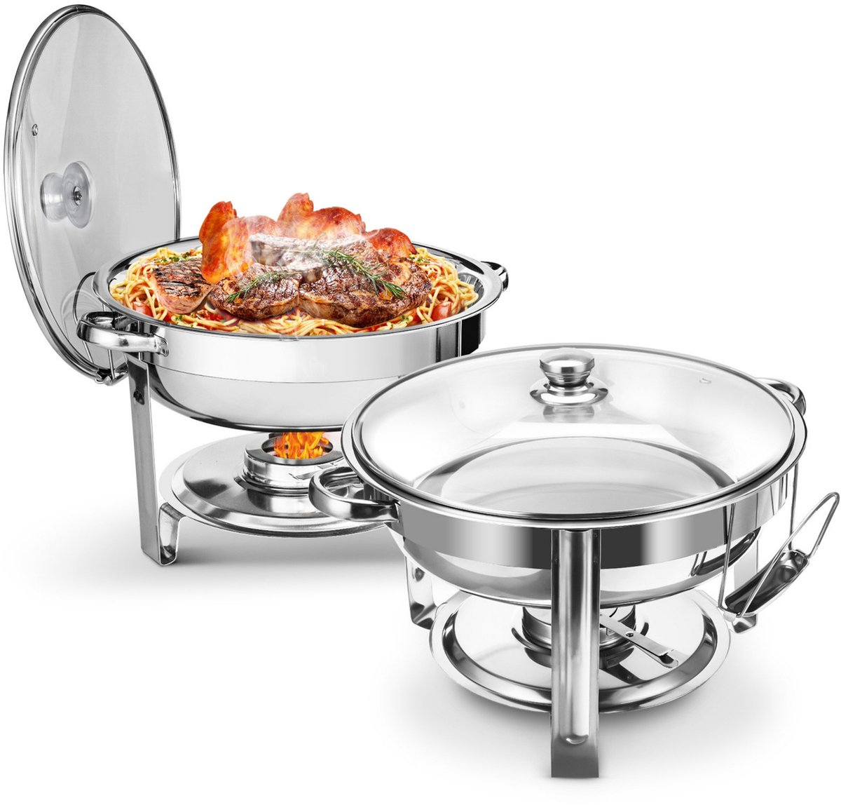 WARMOUNTS Chafing Dish Set 2-delig – 4,7L RVS Warmhoudset met Glasdeksel – Buffet Serveren voor Catering, Feest, Bruiloft – Warm- & Koudhoudfunctie