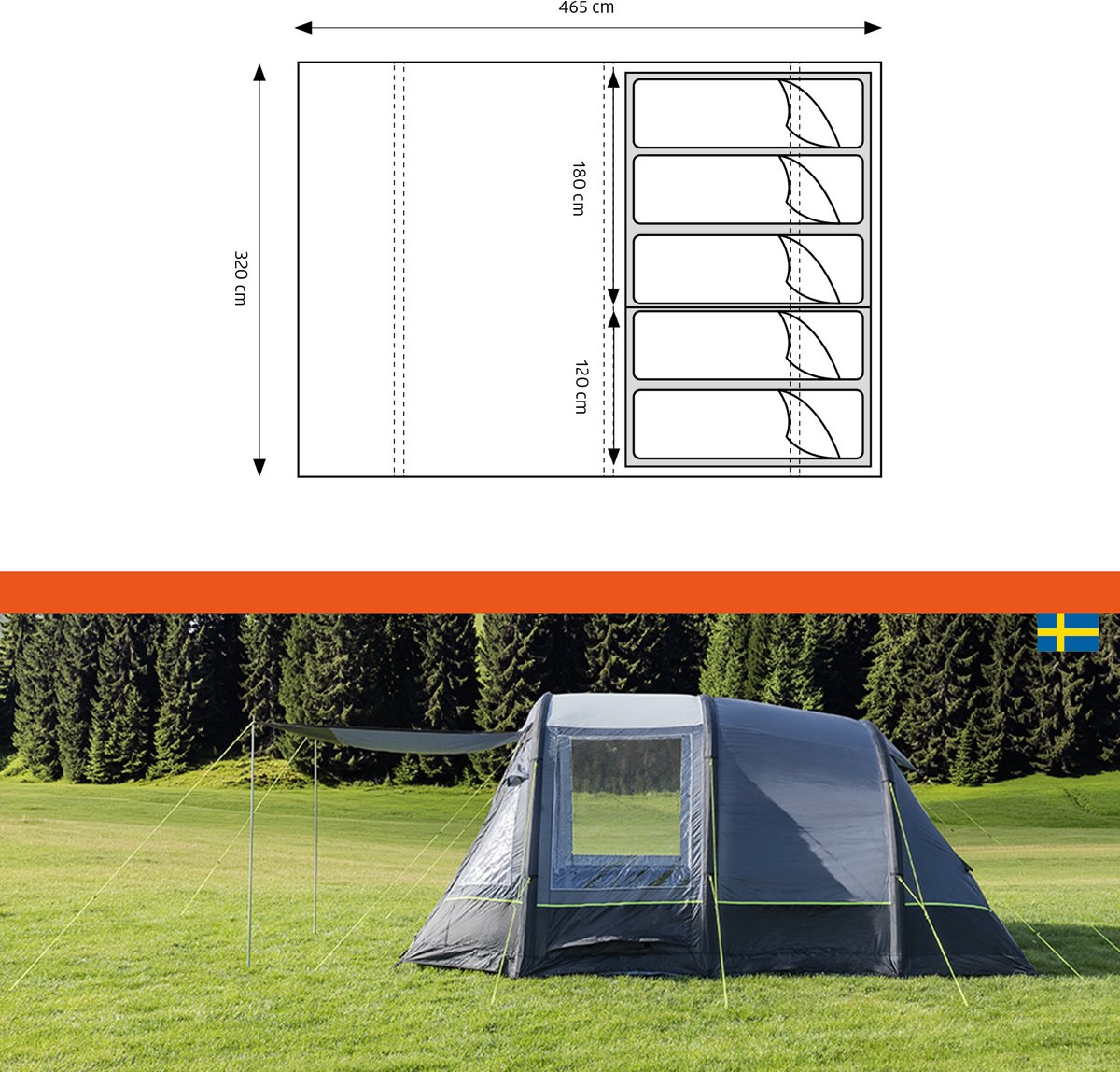Campout 5 Persoons Familietent Opblaasbare Tunneltent – 2 Slaapcabines – 5000 mm Waterdicht – Grote Leefruimte – Incl. Pomp & Luifel – foto 4
