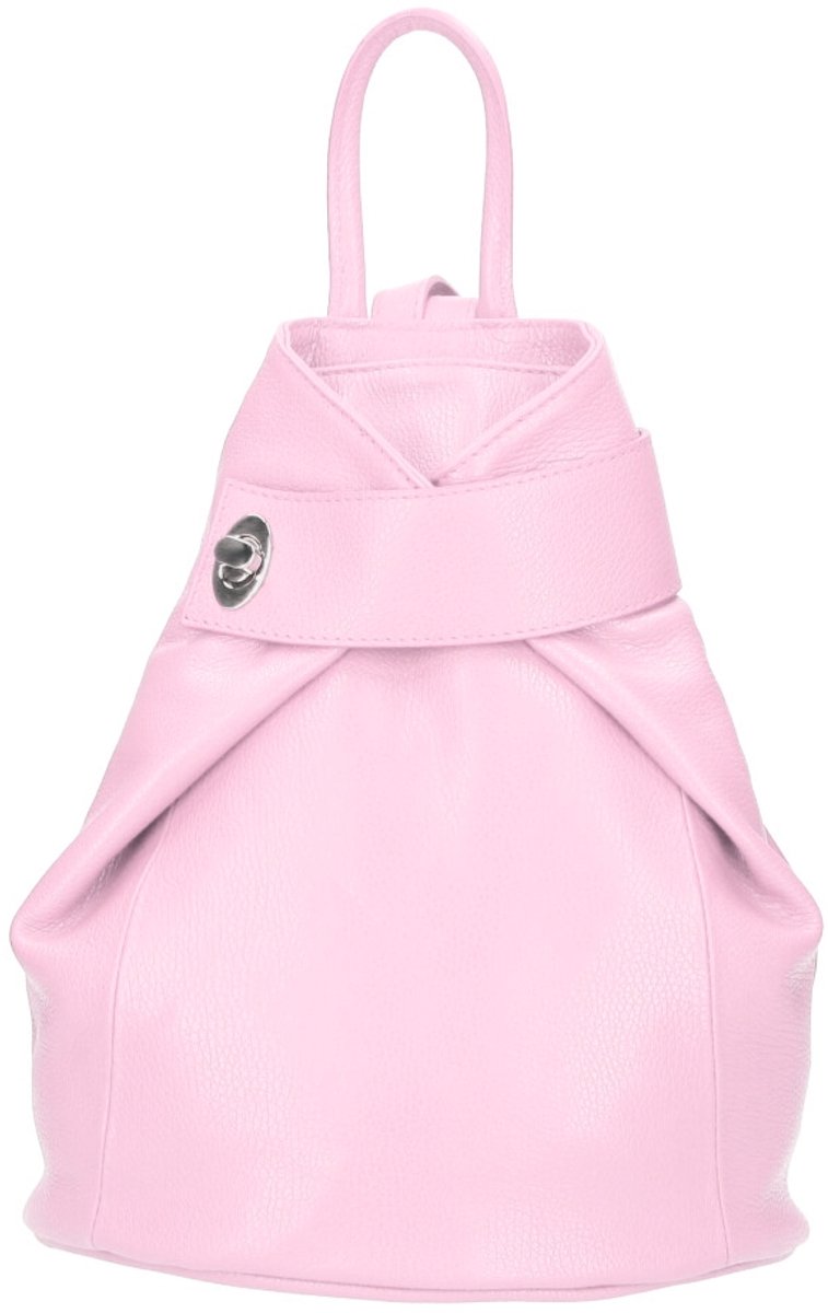 Snoeproze Leren Rugtas met Omslag - Zilveren Draaislot - Trendy Dames Rugtassen - Meerdere Vakken - Handtassen - Italiaans Leder - Snoeproze / Lichtroze - Babyroze