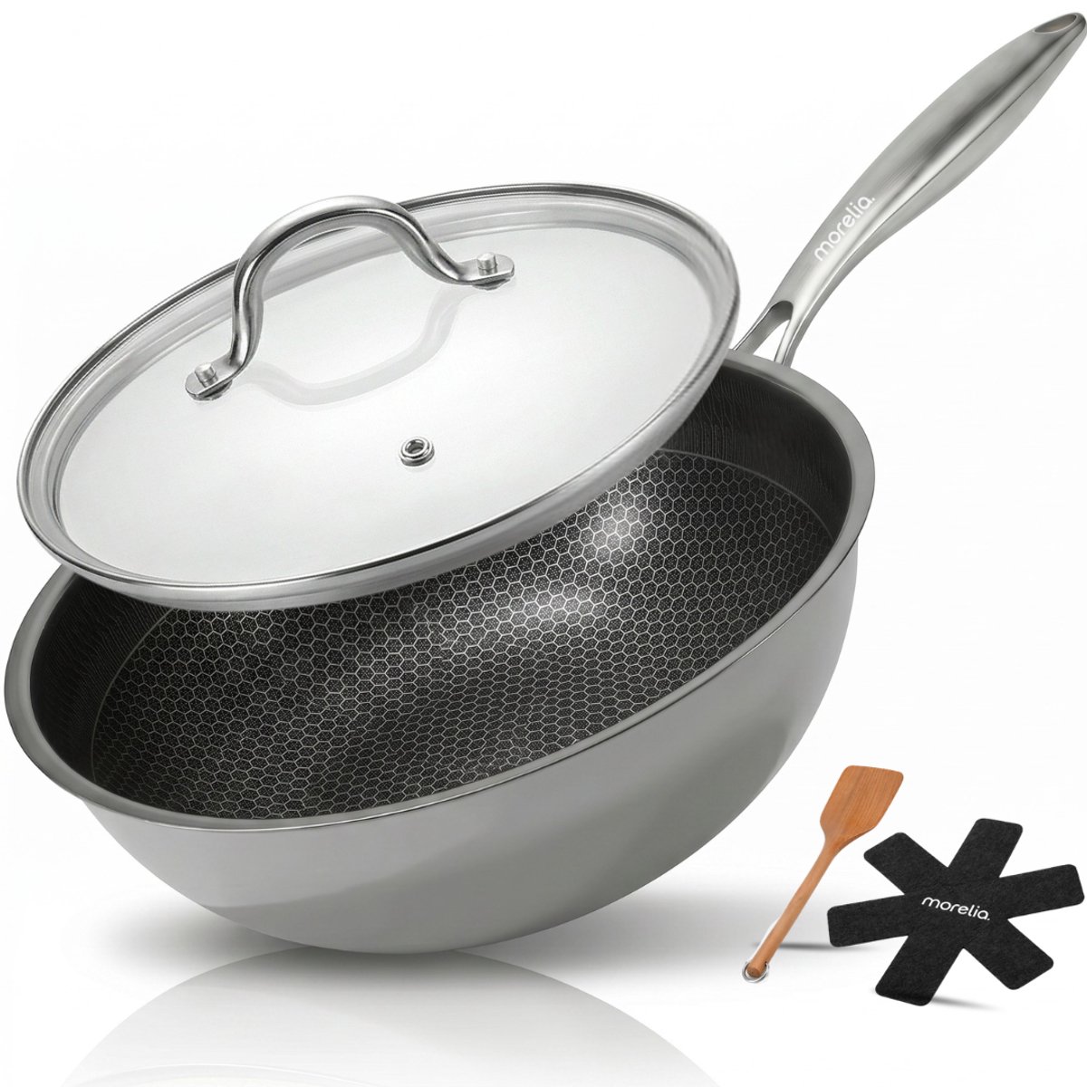 Morelia® Hybrid Wokpan Ø 30 cm met Glazen Deksel - Wokpan Inductie en Gas - 100% PFAS Vrij - Keramische Anti aanbaklaag - Oven en Vaatwasserbestendig - Zwart van Morelia