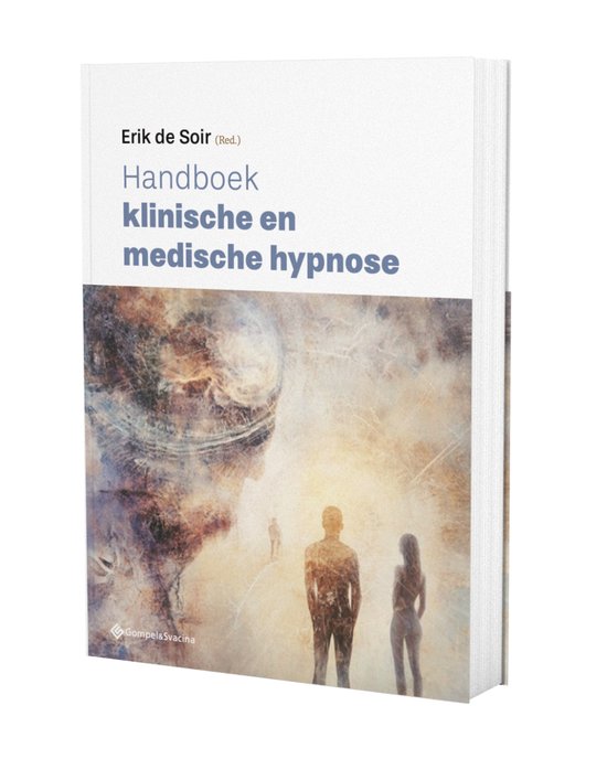 Handboek klinische en medische hypnose met abstracte illustratie van een hoofd en mensen.