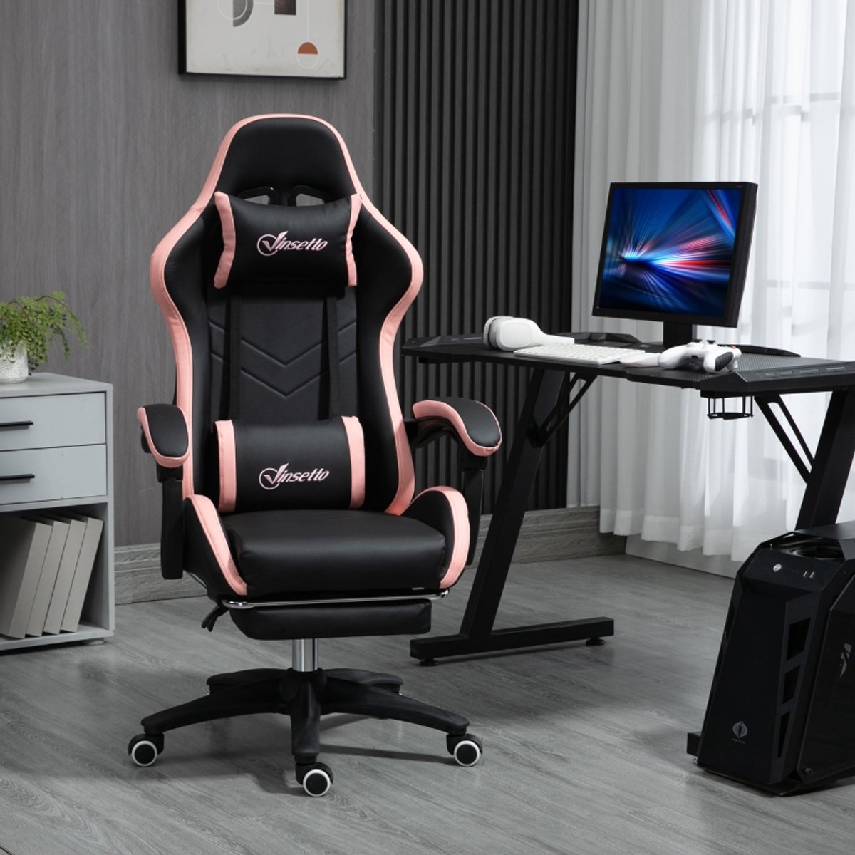 Ergonomische-Gamingstoel-Bureaustoel-Met-Voetensteun-Verstelbare-Headrest-Lendensteun-135°-Recliner-Office-Chair-Roze-Zwart-Draaistoel-Voor-Gaming-En-Thuiskantoor