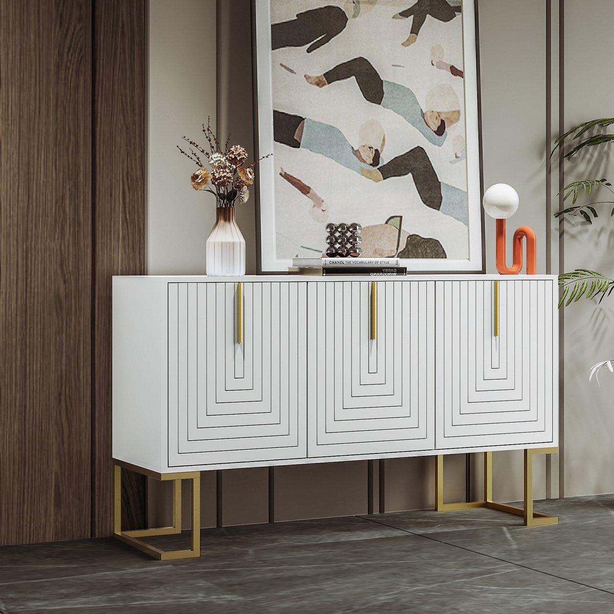 REDOM - Sideboard met 3 deuren - Verstelbare legplanken - U-vormige deurtstructuur - Moderne stijl - Eetkamer - MDF - Wit
