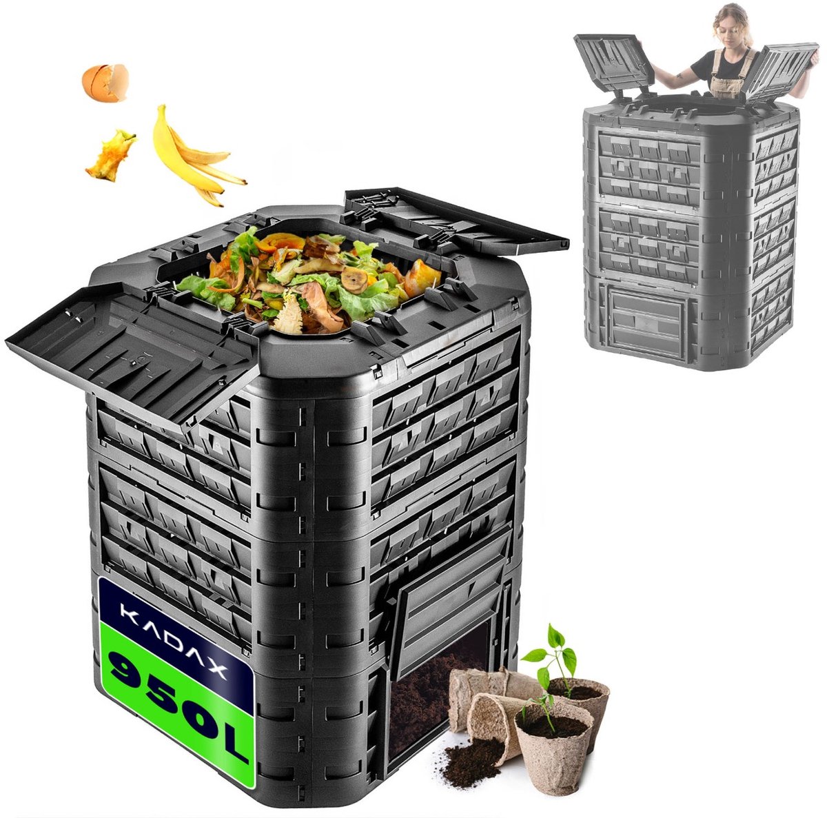 KADAX Modulaire compostbak voor tuinafval, kunststof compostbak met ventilatie en irrigatie, compostcontainer, snelcompostbak (zwart, 950 liter)
