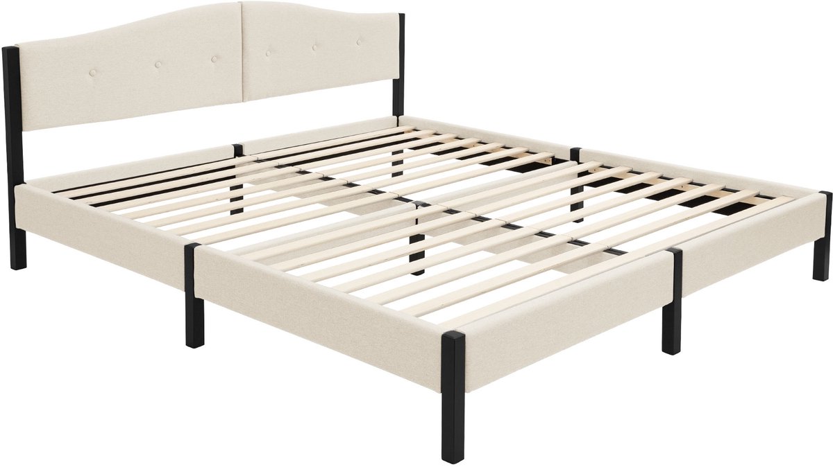 ml-design Gestoffeerd bed 180 x 200 cm tweepersoonsbed, stabiel bedframe serie, linnen bedombouw met gecapitonneerd hoofdbord en lattenbodem, modern linnenbed met stevig stalen frame en houten poten, comfortabel beige tweepersoonsbed voor slaapkamer