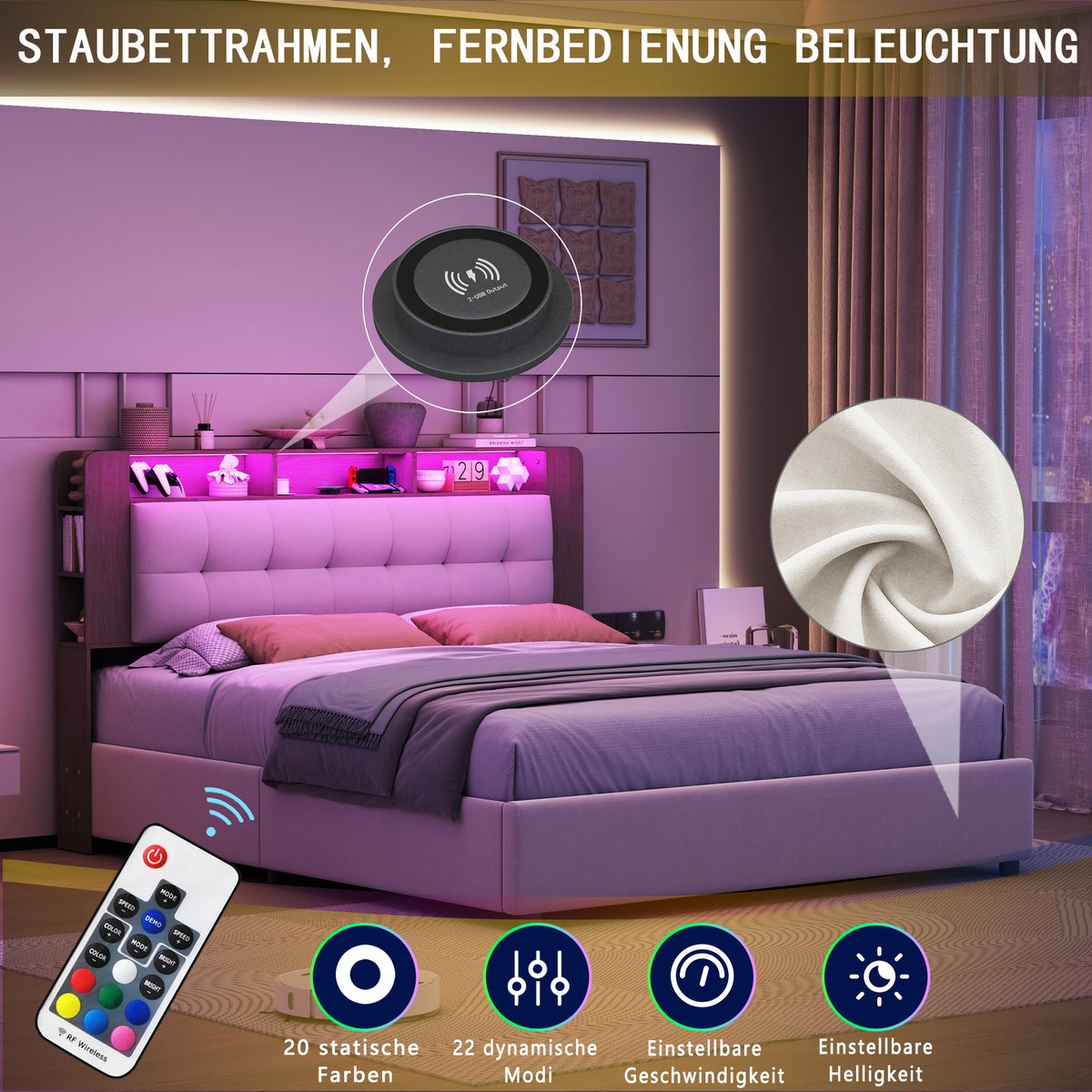 Gestoffeerd Bed 160x200 cm met LED-verlichting en draadloos oplaadstation - Tweepersoonsbed met Opbergruimte en lattenbodem - Opbergbed - Jongerenbed - Fluweel Beige - Zonder Matras