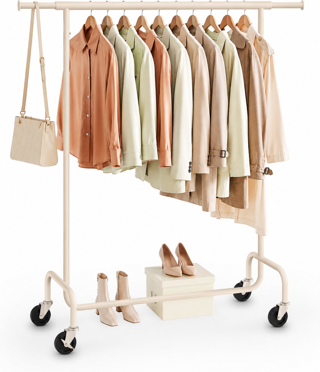 O'DADDY® Kledingrek - Kledingrek op Wieltjes - Kledingrek metaal - Kleding rek - Kledingrekken - Garderoberek - Kledingstang - Kledingrek - Uitschuifbare Kledingstang - Verstelbare Hangstang - Stabiel tot 130 kg - Beige