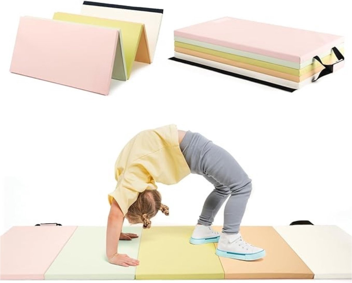 Gymnastics Mat - Opvouwbare Zachte Vloermat – Gymmat – Fitnessmat – Turnmat met Handvatten – Sportmat – Speelmat – Tumblingmat voor Kinderen – Speelmat voor Activiteiten – 195 x 75 x 3 cm – Macaron