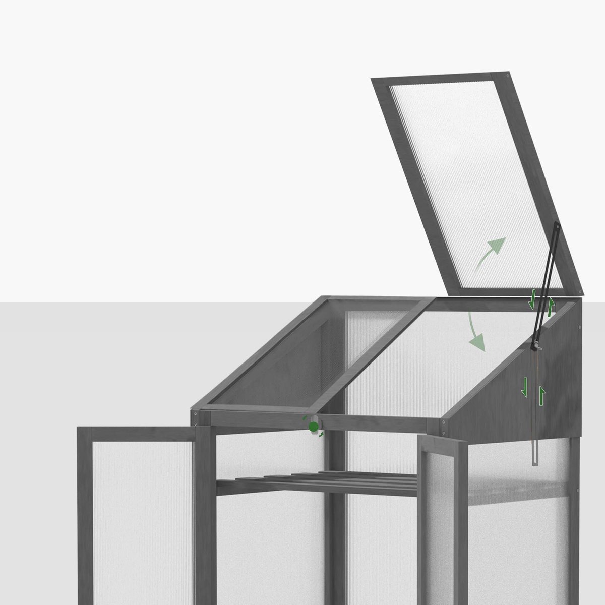 Minikas plantenkweekbak houten cold frame 70x50x120cm grijs met 3 lagen planken en deksel dubbeldeurs ontwerp halfdoorzichtige vorstbeschermde kweekbak stevig duurzaam houten frame geschikt voor tuin balkon plant en groenteteelt – foto 6
