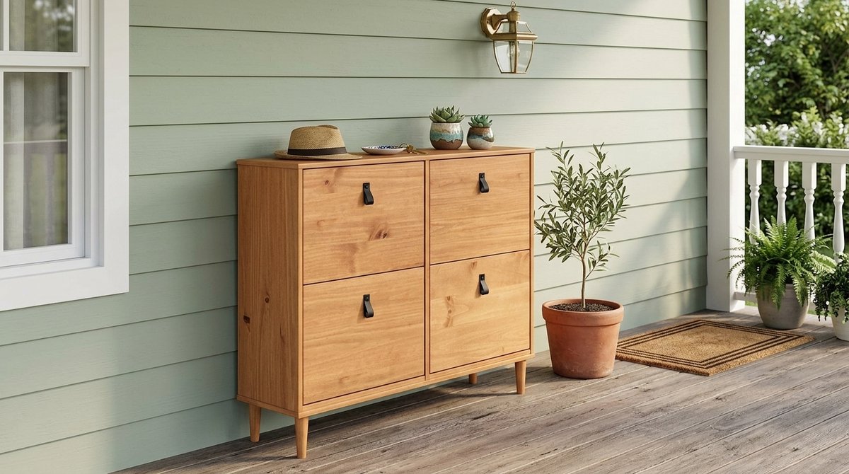 Schoenenkast smal 4 kleppen – House&Garden Nordic Oak – Eikenlook schoenenkast van massief grenenhout – Schoenenrek voor 24 paar schoenen – Halmeubel voor smalle gang – 107 x 92 x 25 cm