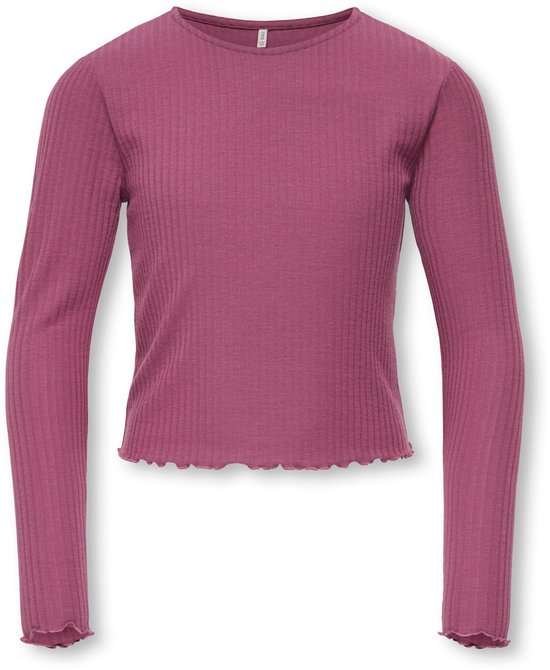 Paarse longsleeve met ronde hals en ruches aan de zoom en mouwen.