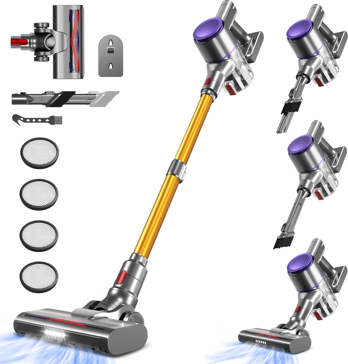 Elekiatech Steelstofzuiger- 46000Pa - 50 Minuten Gebruikstijd - 8 Kegel Filtersysteem Steelstofzuiger Draadloos - 1,5 L Stofbak - 2200 mAh Accu - voor Tapijten en Harde Vloere - Gold