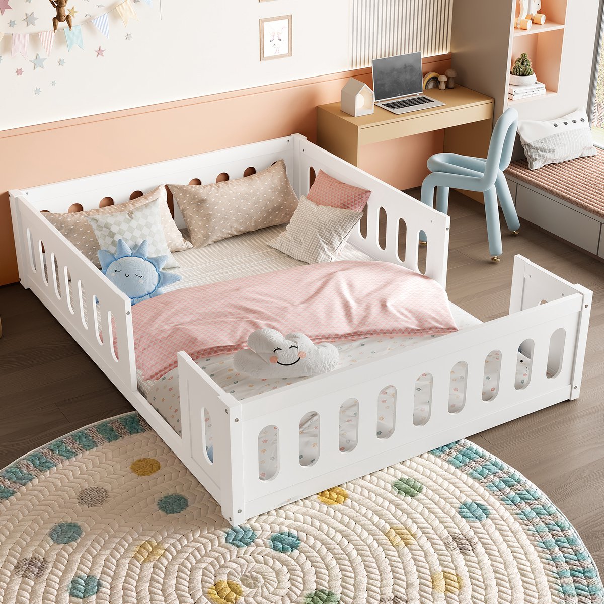 DESMIU Kinderbed 140x200 cm – Halfopen Bedhek Voor Veilig Spelen – Laag Platformbed Met Ruimte Onder Bed – Voor Kinderkamer – Wit – Zonder Matras
