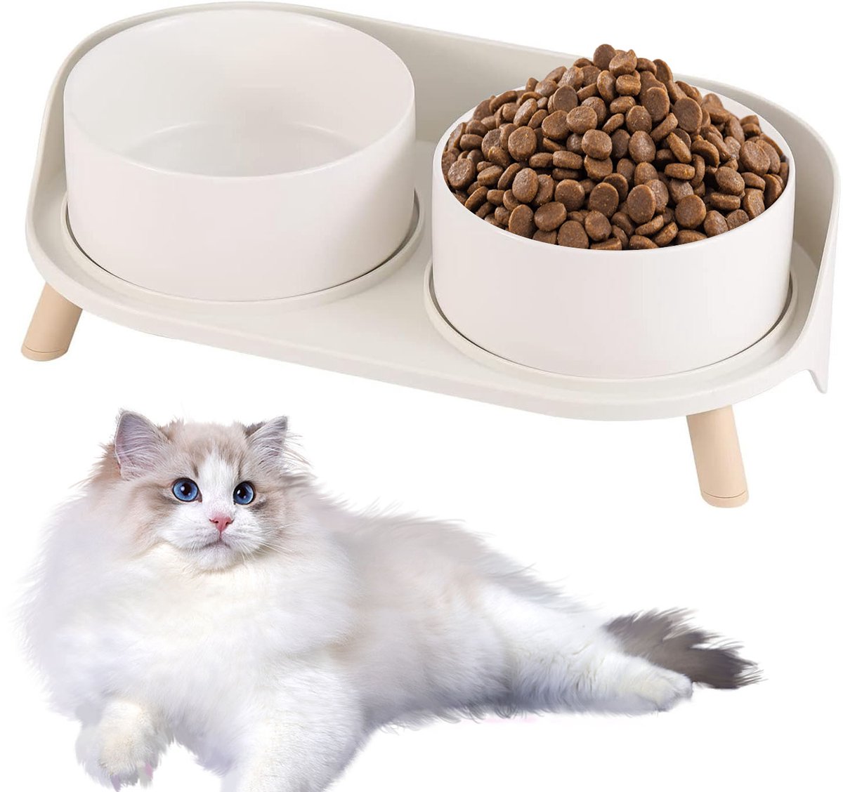 Keramische Dubbele Kattenvoerbak met Verhoogde Stand - Anti-Knoeien en Nekbescherming Voerbak voor Kat en Kleine Hond - Wit