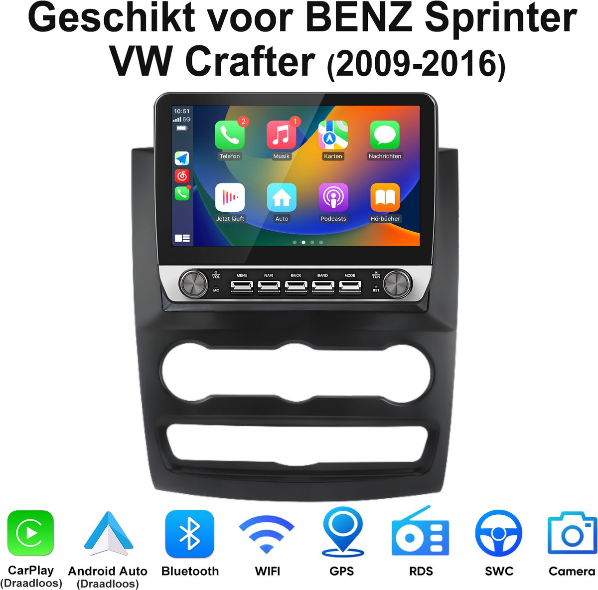 JUNSUN Android 15 AutoRadio Geschikt voor Mercededs Sprinter VW Crafter (2009-2016) - 2GB+64GB, Draadloze CarPlay & Andriod Auto, GPS-navigatiesysteem, WiFi, Bluetooth, Stuurwielbediening, RDS, USB, FM, 10.1-inch Touchscreen, DSP, Quad-core processor