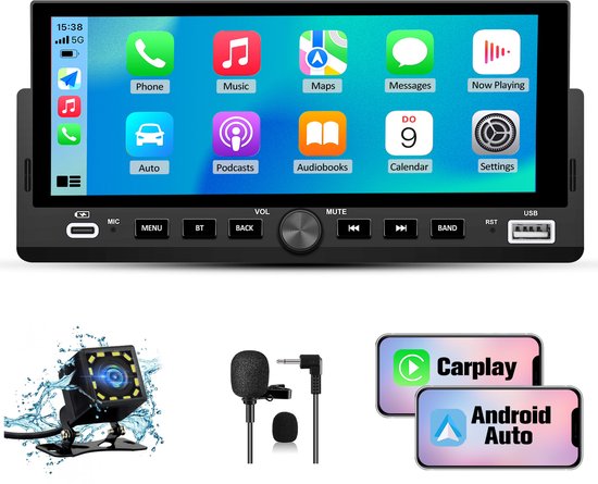 Autoradio met CarPlay en Android Auto pictogrammen, inclusief achteruitrijcamera, microfoon.