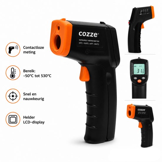 Cozze® Infrarood Thermometer - Laser Temperatuurmeter tot 530°C - Contactloze Digitale Thermometer voor Pizzaoven, BBQ, Grill & Keuken