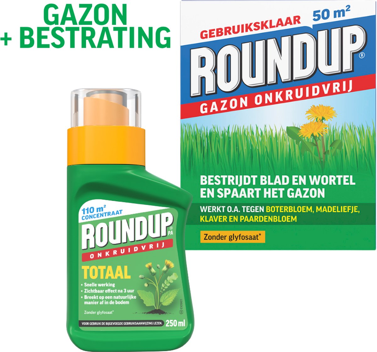 Roundup Gazon Onkruidvrij 1kg + Totaal Onkruidvrij Concentraat 250ml – Onkruidverdelger – Voor Gazon én Bestrating – Onkruidverwijderaars zonder glyfosaat