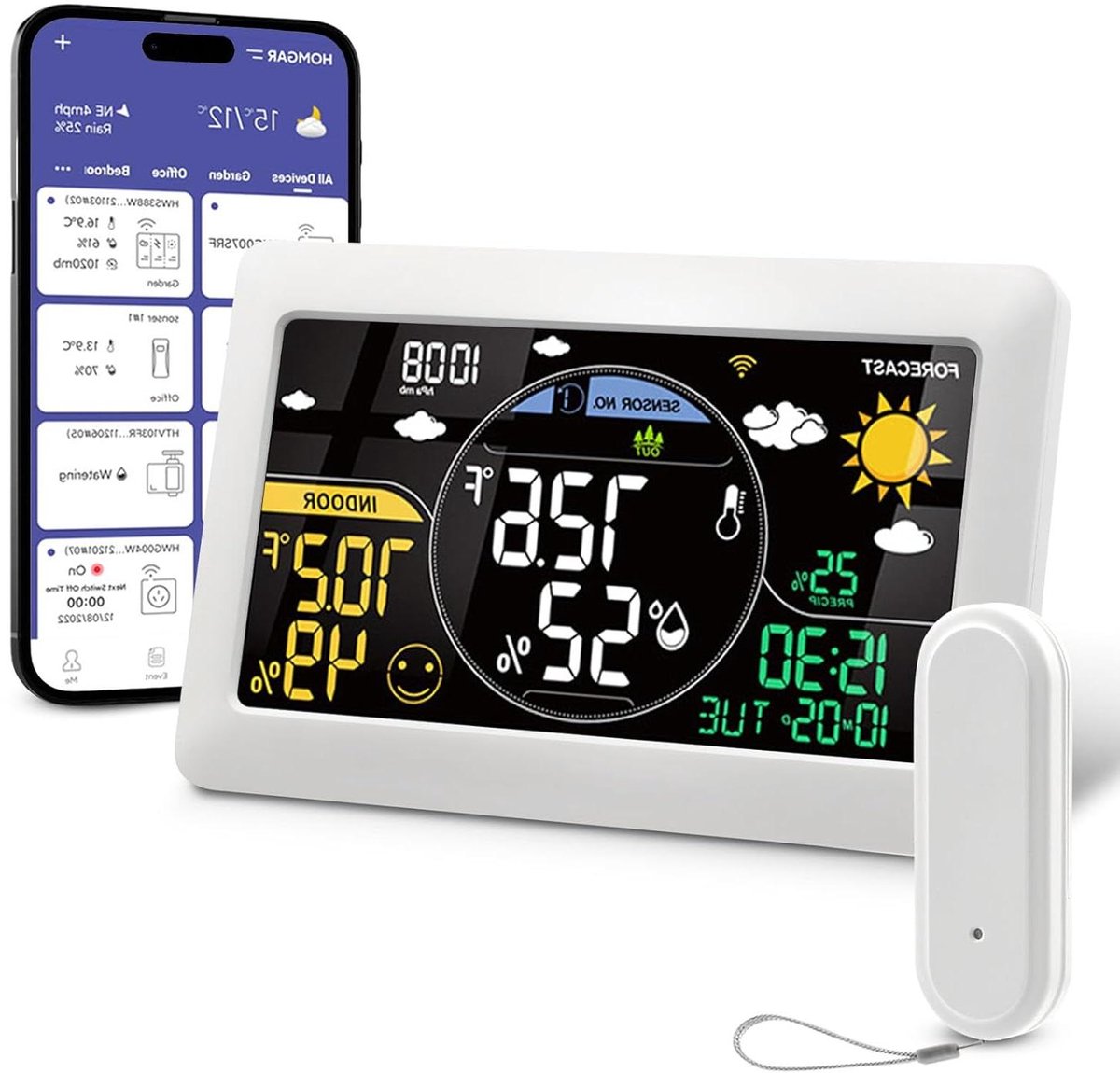 Weerstation met Sensor - Buitenthermometer App - Buitenweer Monitoren - VA Kleurendisplay - 3 Sensoren - Wit