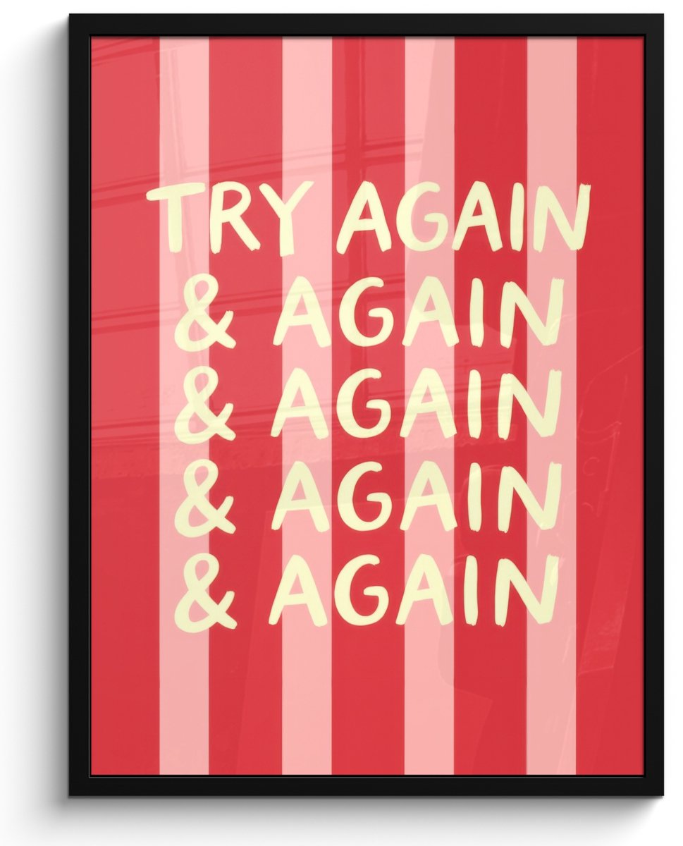 FrameYourWall Poster in lijst - Fotolijst 60x80 cm - Posters - Strepen - Rood - Try again - Posterlijst zwart - Decoratie - Wanddecoratie woonkamer - Muurdecoratie slaapkamer