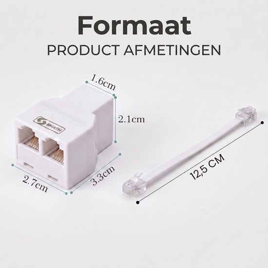 Witte splitter met twee RJ12 poorten en een 12,5 cm kabel met RJ12 connector. Afmetingen getoond.