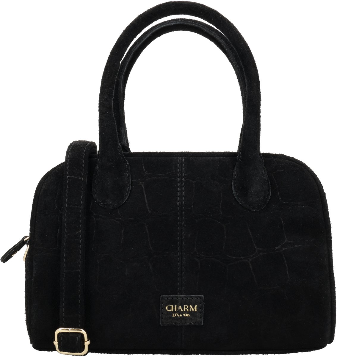Charm London Cairo Handtas - Echt Suède - Crocoprint - Schouderband - Dames Tas - Ritssluiting - Leren Dames Tas - Zwart