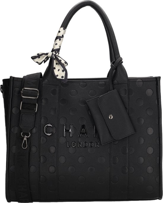 Charm London Bond Avenue Laptoptas - 15.6 Inch Laptopvak - Werktas Dames - Schoudertas - Imitatieleer - Ritssluiting - Schooltas - Dots - Stippen - Zwart Stippen