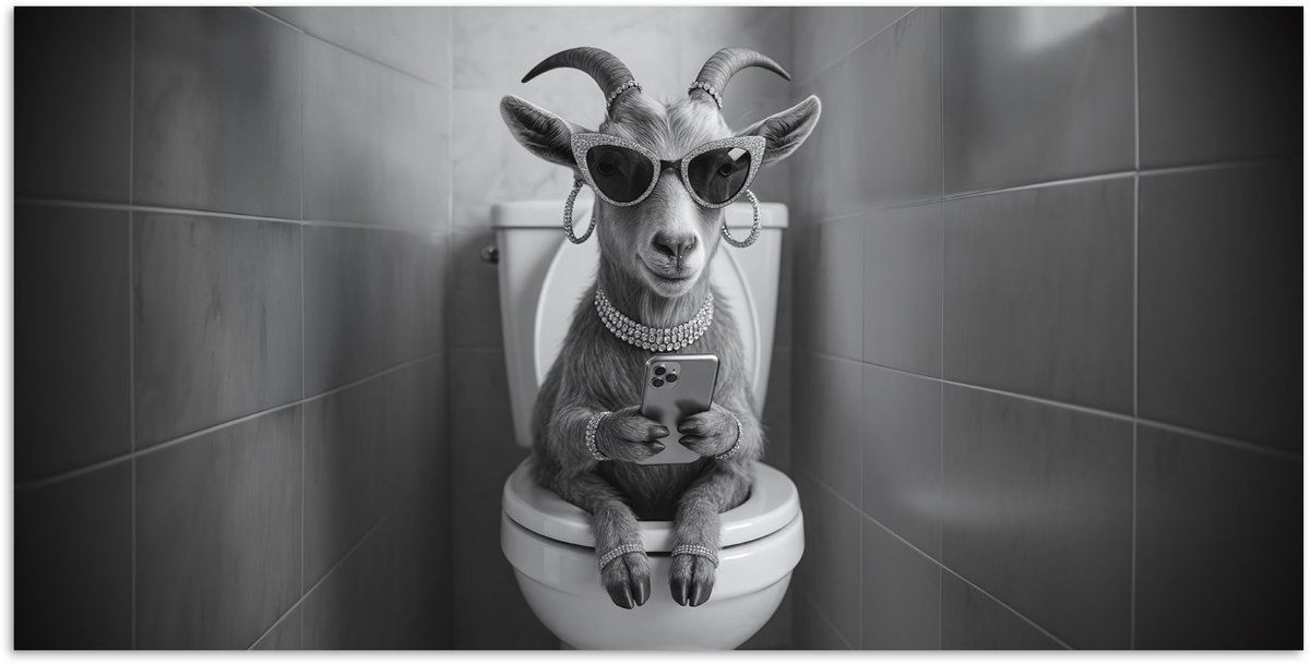 Poster 80x40 cm - Geit - Telefoon - Toilet - Zwart - Wit - Posters - Kamer decoratie - Wan