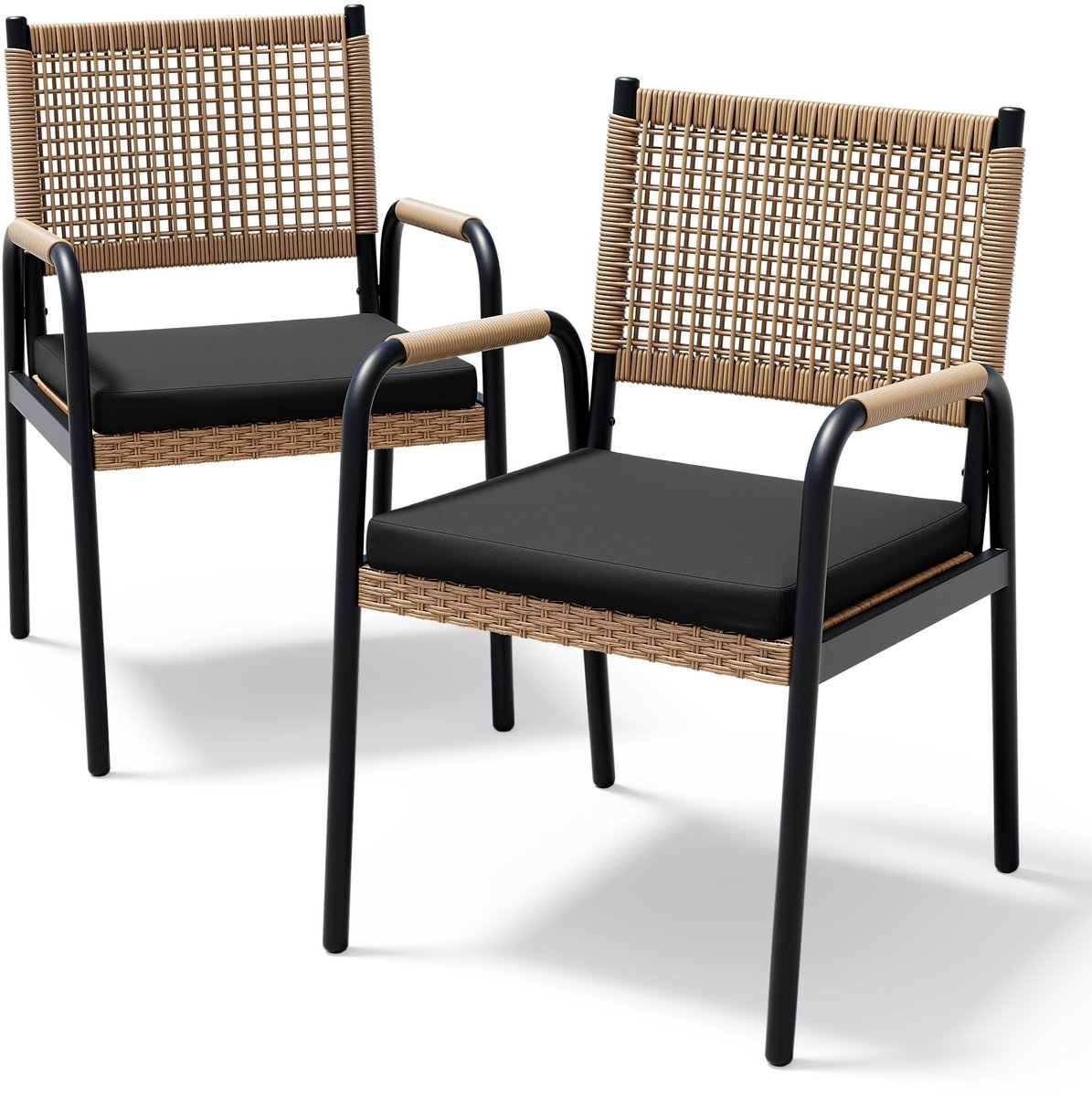 Triumpunpre Stapelbare Polyrattan Tuinstoelen 2-Delig Set - Met Armleuningen & Dikke Kussens - Weerbestendig, Ergonomisch, Metalen Frame - Voor Terras, Balkon En Tuin - Zwart