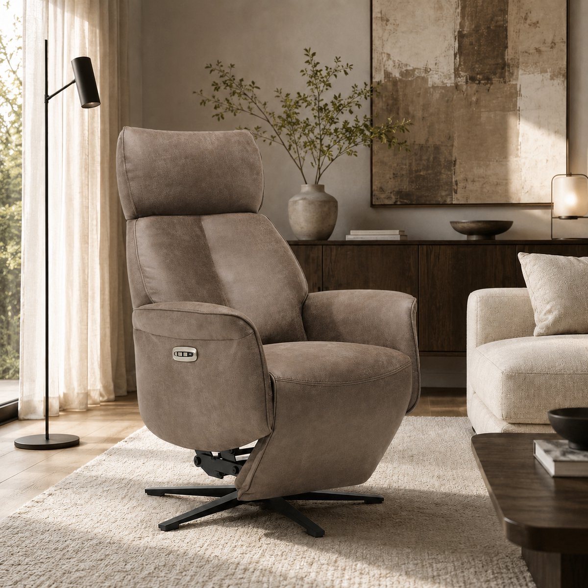 Relaxfauteuil Jaxx – Microleder – Sta-op stoel - Elektrisch Verstelbaar – Met accu – 2 Motoren – 360° Draaibaar - Liver