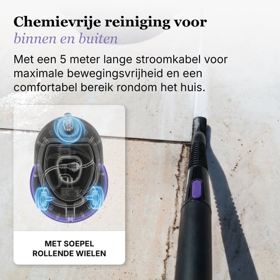 De Motionflow stoomreiniger met soepel rollende wielen spuit water op een schone tegelvloer.