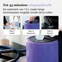Drie stappen voor het gebruik van de paarse Motionflow stoomreiniger: vullen, opwarmen en stomen in een oven.