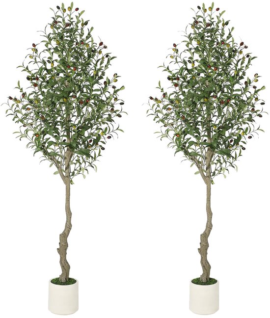 Twee kunst olijfbomen met gedetailleerde stammen en bladeren met olijven, in witte potten.