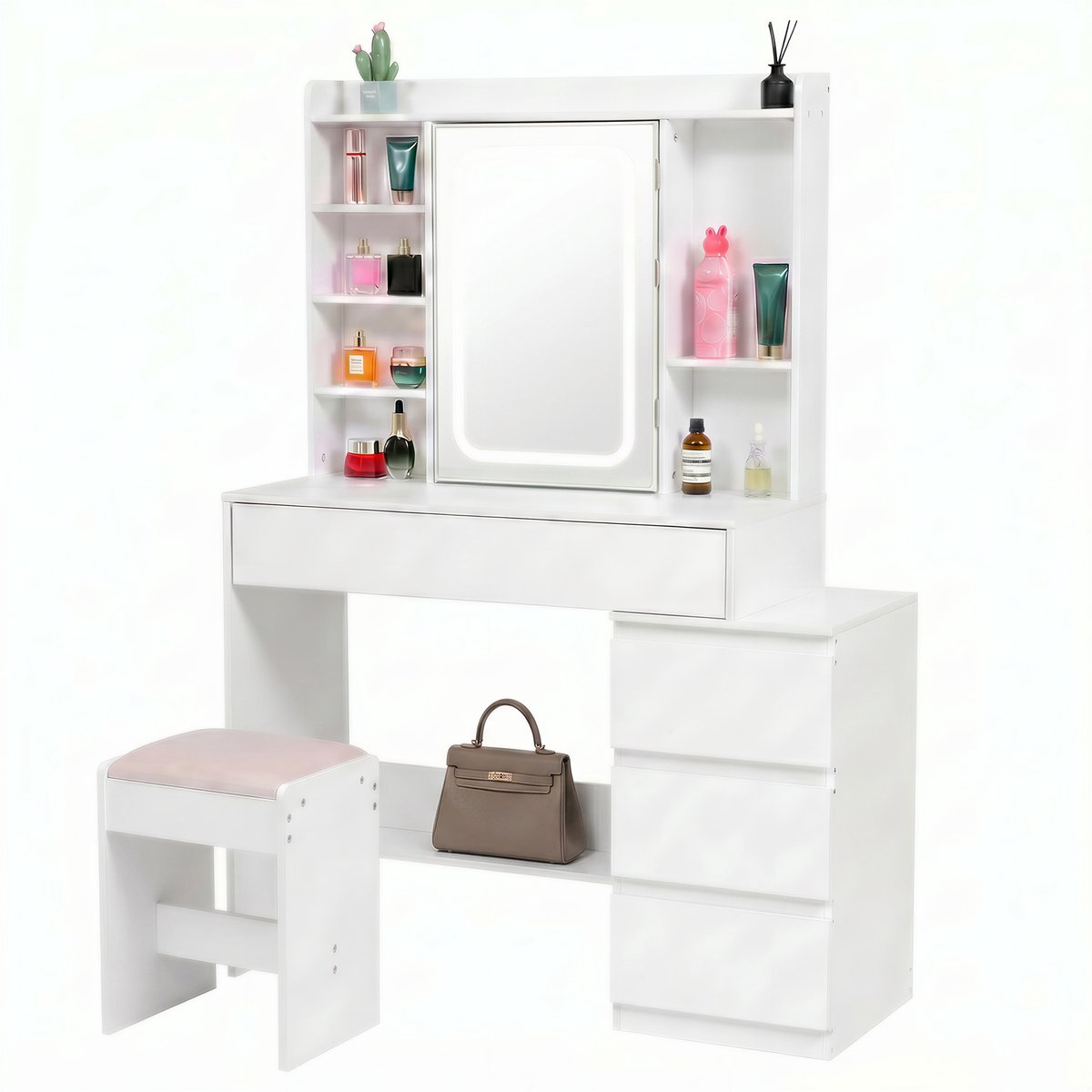 Monza Home® Kaptafel - Make up tafel met LED spiegel, 3 extra laden en kruk - Wit