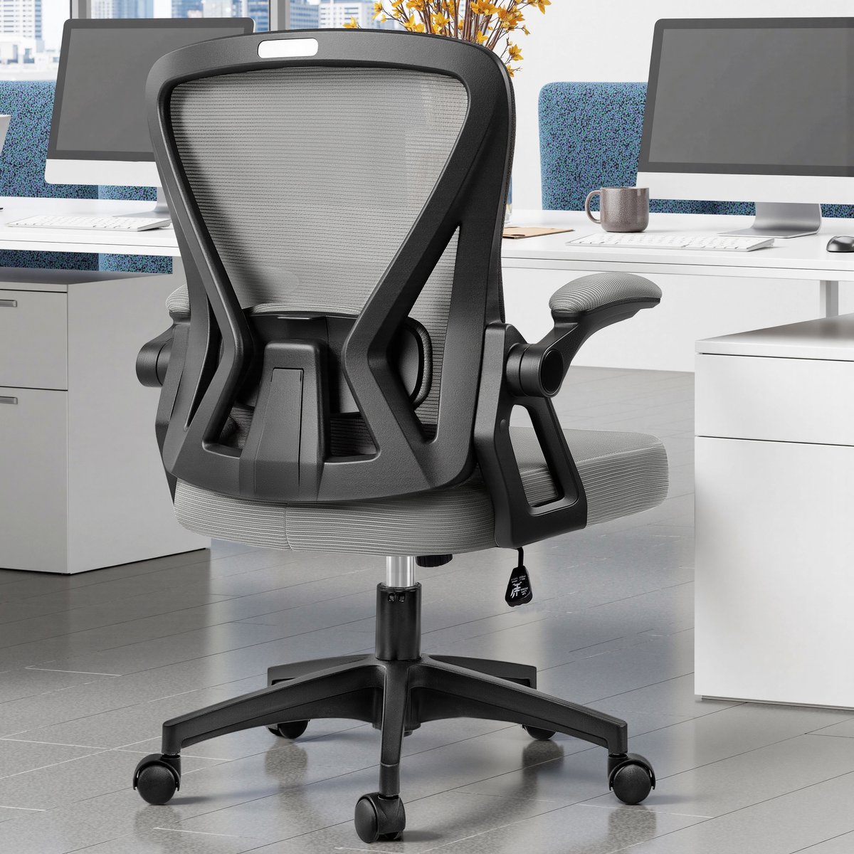 FelixKing Ergonomische Bureaustoel met Middelhoge Rugleuning, Verstelbare Lendensteun, Opklapbare Armleuningen, Wielen, Draaifunctie, Ademend Mesh